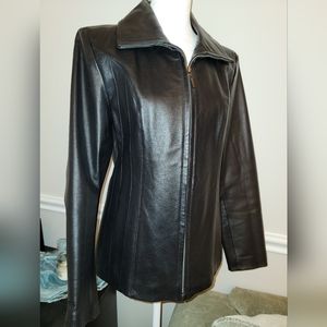East 5th Black Leather Fitted Jacket With Zipper